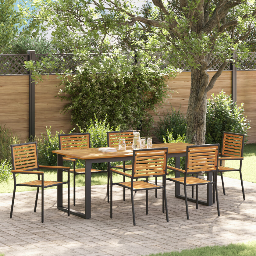 7 Delers Hage Spisebordsett Svart Poly Rattan Akasie, Stabelbare Hage Stoler med Puter 2 stk Svart Poly Rattan