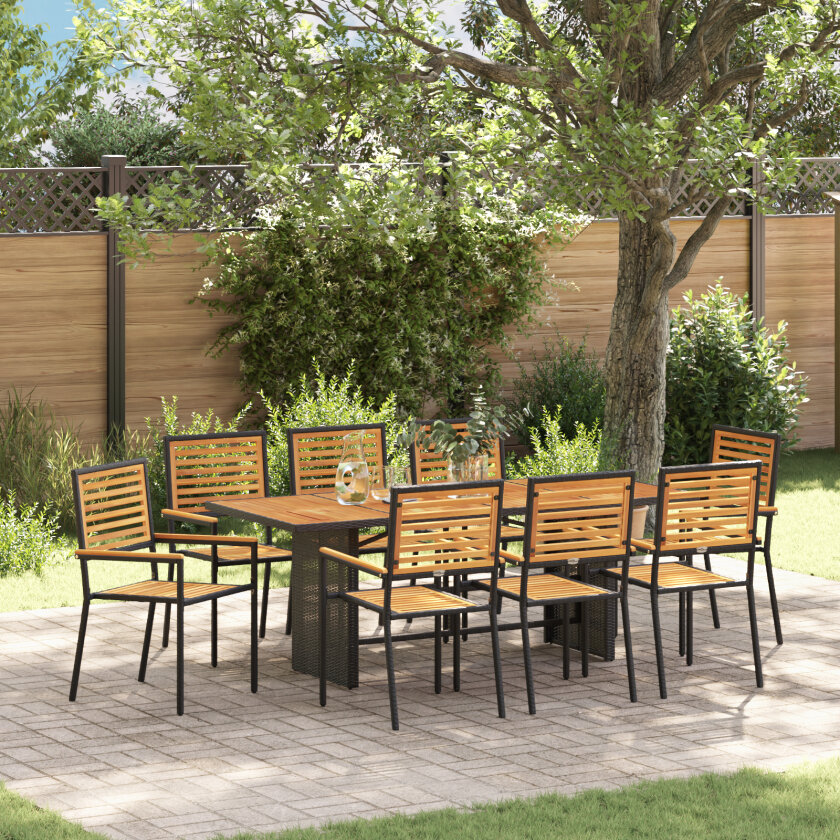 9-delt hage spisegruppe svart poly rattan akasie, stablebare hage stoler med puter 2 stk svart poly rattan
