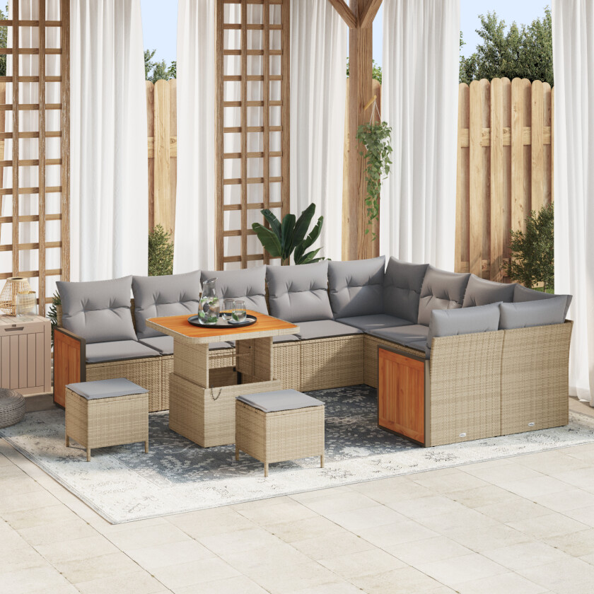 12-delt hagesofa-sett med puter Beige Poly Rattan Akacia, 3-delt hage spisebord-sett med puter Beige Poly Rattan Akacia
