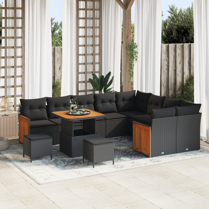 12-delt Hage Sofa Set med Puter Svart Poly Rattan, 3-delt Hage Spisebordsett med Puter Svart Poly Rattan