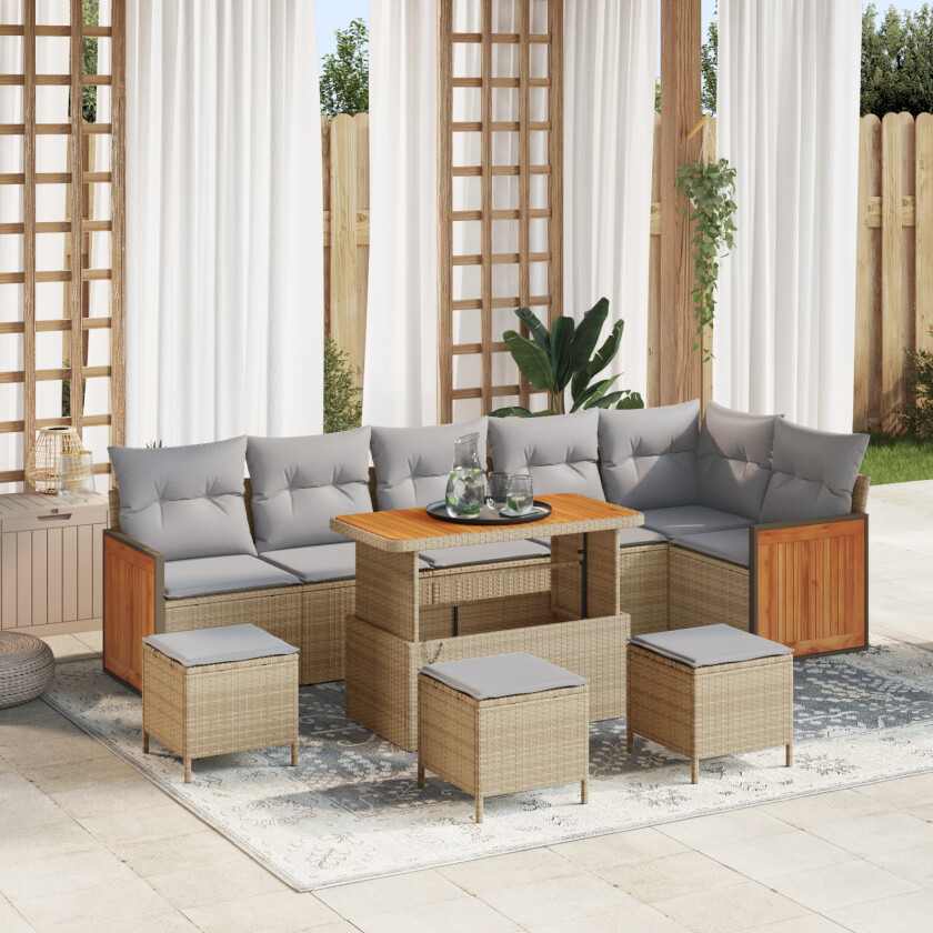 10-delt Hagesofa Set med Puter Beige Poly Rattan Akasie, 4-delt Hage Spise Set med Puter Beige Poly Rattan Akasie