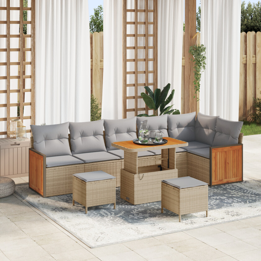 9 Delt Hage Sofa Sett med Puter Beige Poly Rattan Akasie, 3 Delt Hage Spisesett med Puter Beige Poly Rattan Akasie