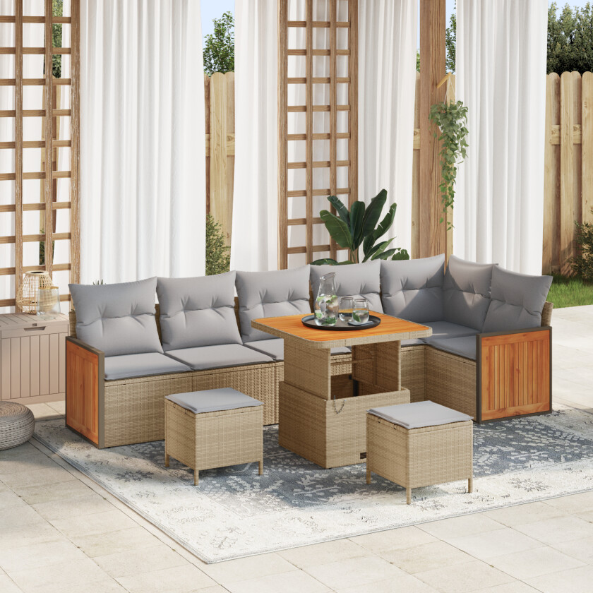 9 Dels Hage Sofa Set med Puter Beige Poly Rattan Akasietre, 3 Dels Hage Spisebord med Puter Beige Poly Rattan Akasietre