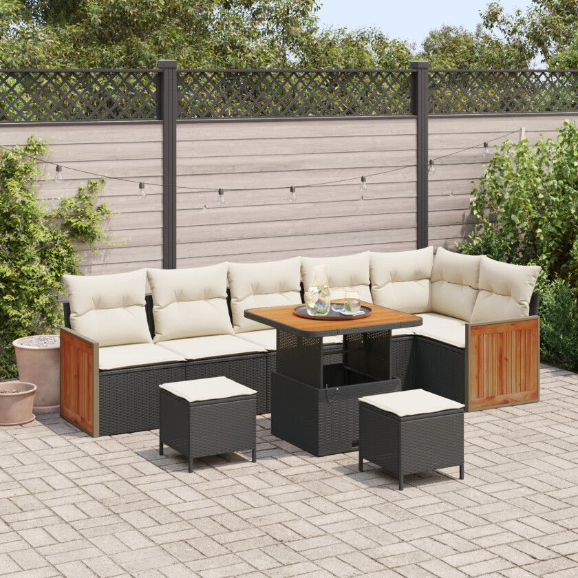 9 Deler Hage Sofa Set med Puter Svart Poly Rattan Akasie, 3 Deler Hage Spisesett med Puter Svart Poly Rattan Akasie
