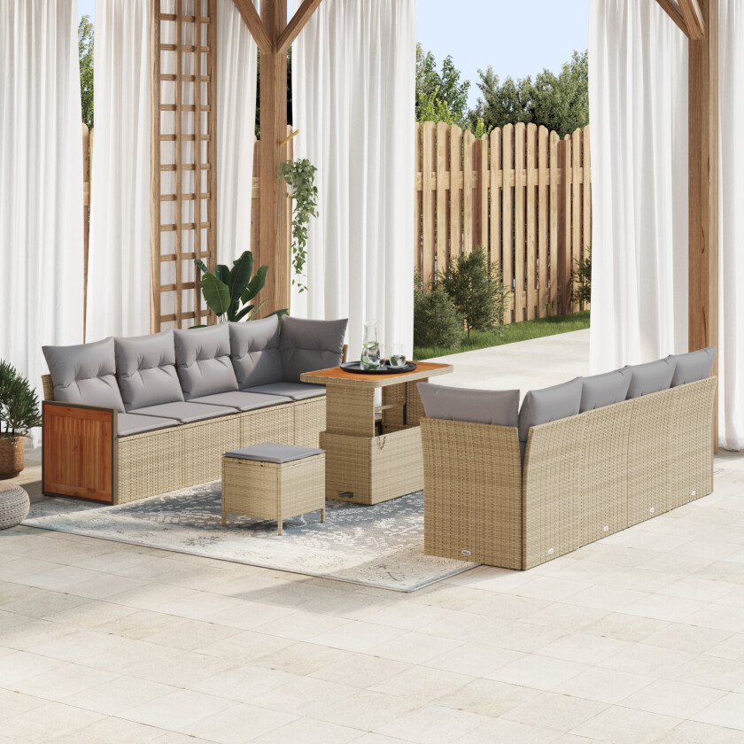 11-Delt Hagesofa Sett med Puter Beige Poly Rattan Akasie, 2-seters Hagesofa med Puter Beige Poly Rattan, 3-Delt Hage Spise Sett med Puter Beige Poly Rattan Akasie
