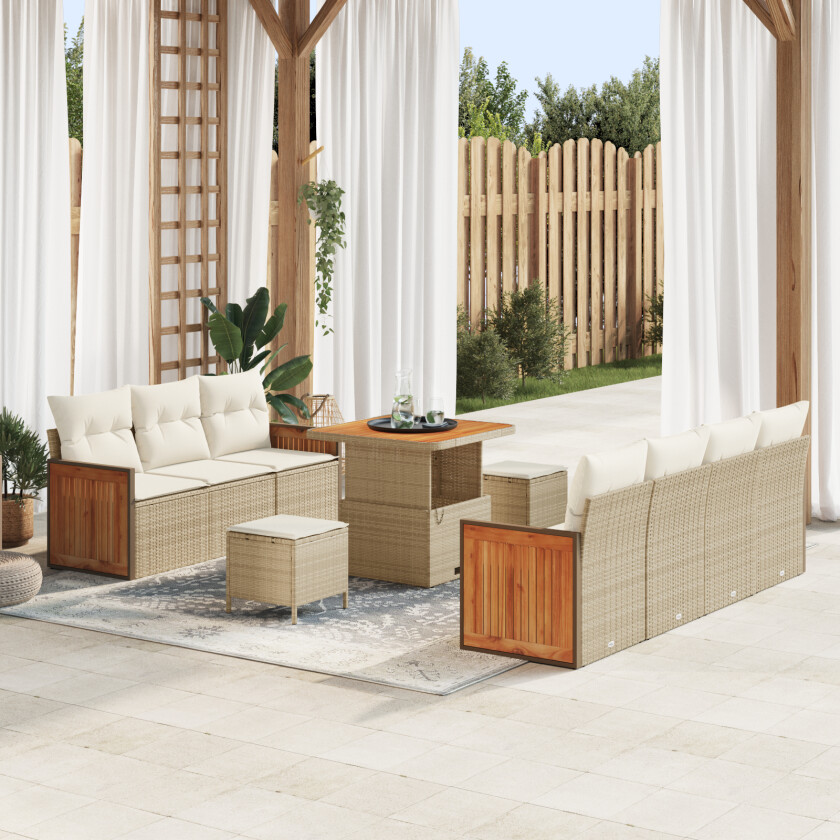 10-delt Hage Sofa Set med Puter Beigefarget Poly Rattan Akasietre, 2-seters Hage Sofa med Puter Beigefarget Poly Rattan, 3-delt Hage Spisestuesett med Puter Beigefarget Poly Rattan Akasietre