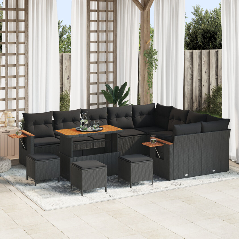 13 Delt Hagesofa Set med Puter Svart Poly Rattan Akacia, 4 Delt Hage Diningsett med Puter Svart Poly Rattan Akacia