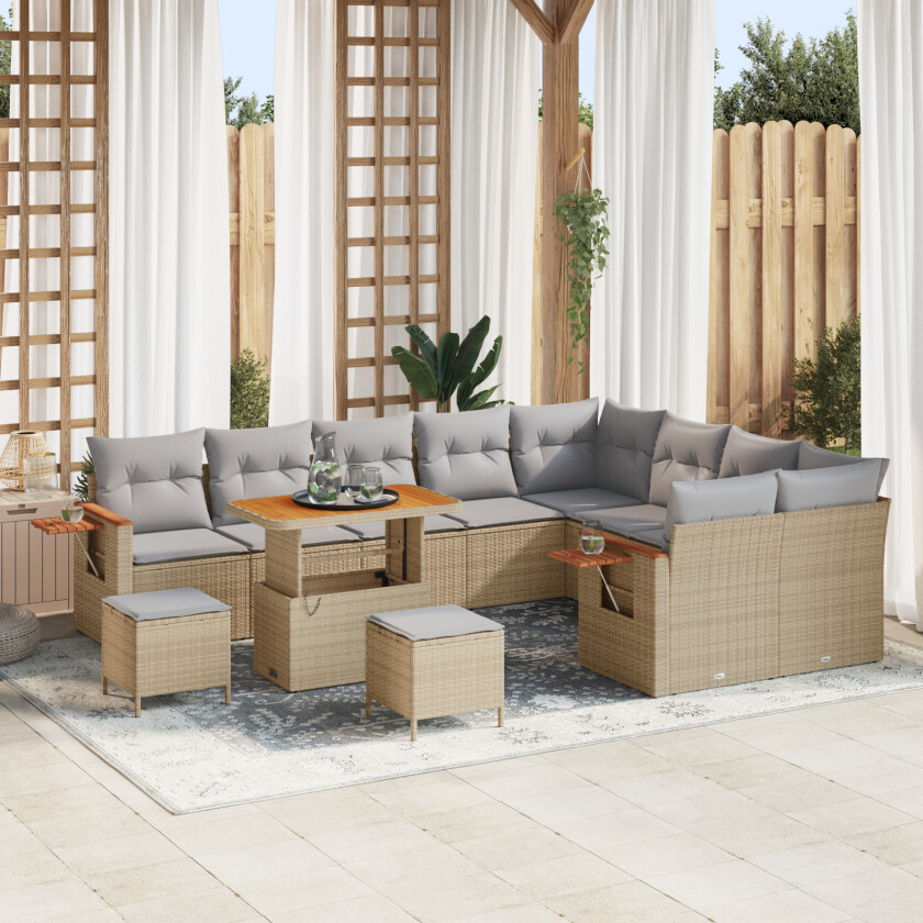 12 Delt Hage Sofa Set Med Puter Beige Poly Rattan Akasie, 3 Delt Hage Spise Set Med Puter Beige Poly Rattan Akasie