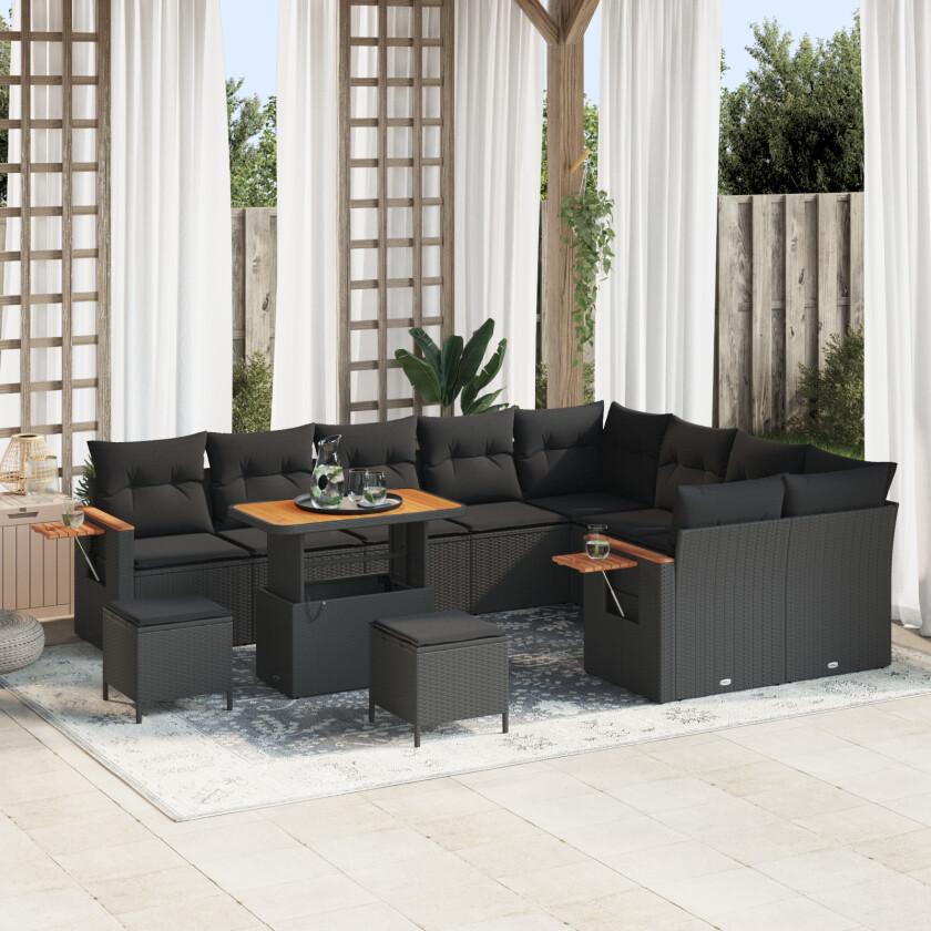 12 Delt Hagesofa Set Med Puter Svart Poly Rattan Akacia, 3 Delt Hage Dining Set Med Puter Svart Poly Rattan Akacia