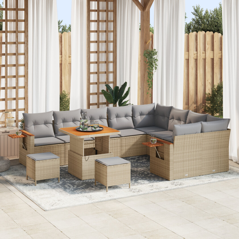 12 Stykke Hagesofa Sett med Puter Beige Poly Rattan Akasietre, 3 Stykke Hage Spisebord Set med Puter Beige Poly Rattan Akasietre