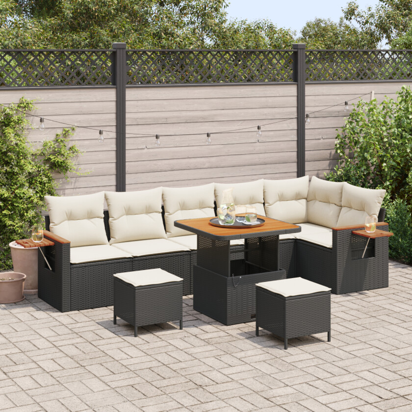 9 Delers Hagesofa Set med Puter Svart Poly Rattan Acacia, 3 Delers Hage Spise Set med Puter Svart Poly Rattan Acacia