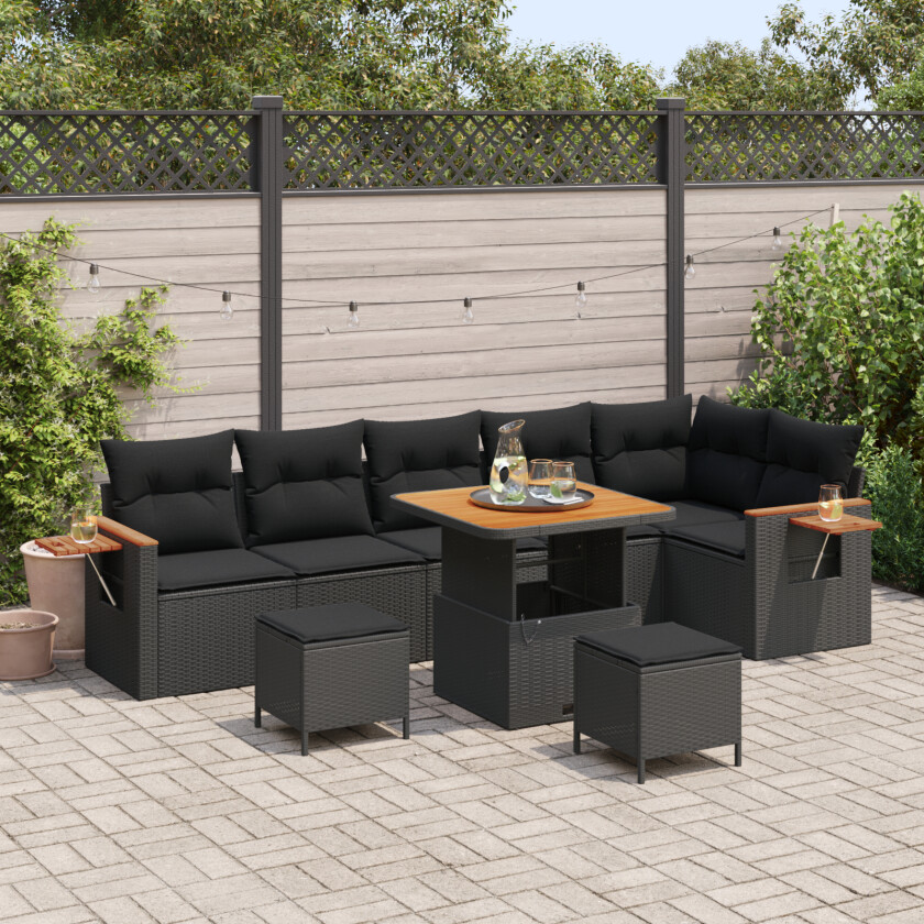 9-delt hagesofa sett med puter, svart poly rattan, 3-delt hagedining sett med puter, svart poly rattan
