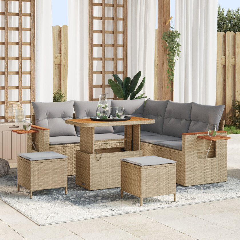 8-Delt Hage Sofa Sett med Puter Beige Poly Rattan Akasie, 3-Delt Hage Spise Sett med Puter Beige Poly Rattan Akasie