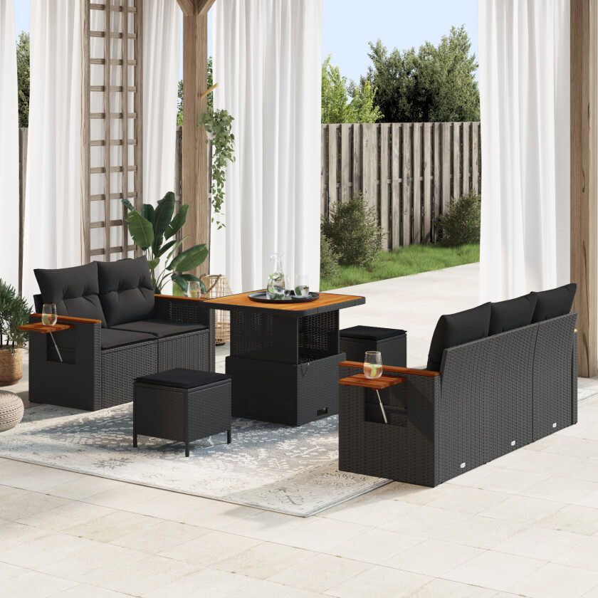 8-delers hagesofa set med puter svart poly rattan akasie, 3-delers hage spise set med puter svart poly rattan akasie