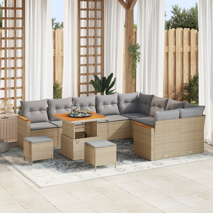 12-delt hagemøbelsett med puter Beige Poly Rattan Akacia, 3-delt hagedining sett med puter Beige Poly Rattan Akacia