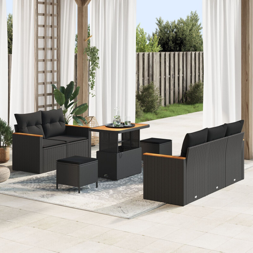 8-delt Hagesofa Set med puter Svart Poly Rattan Akacia, 3-delt Hagedining Set med puter Svart Poly Rattan Akacia