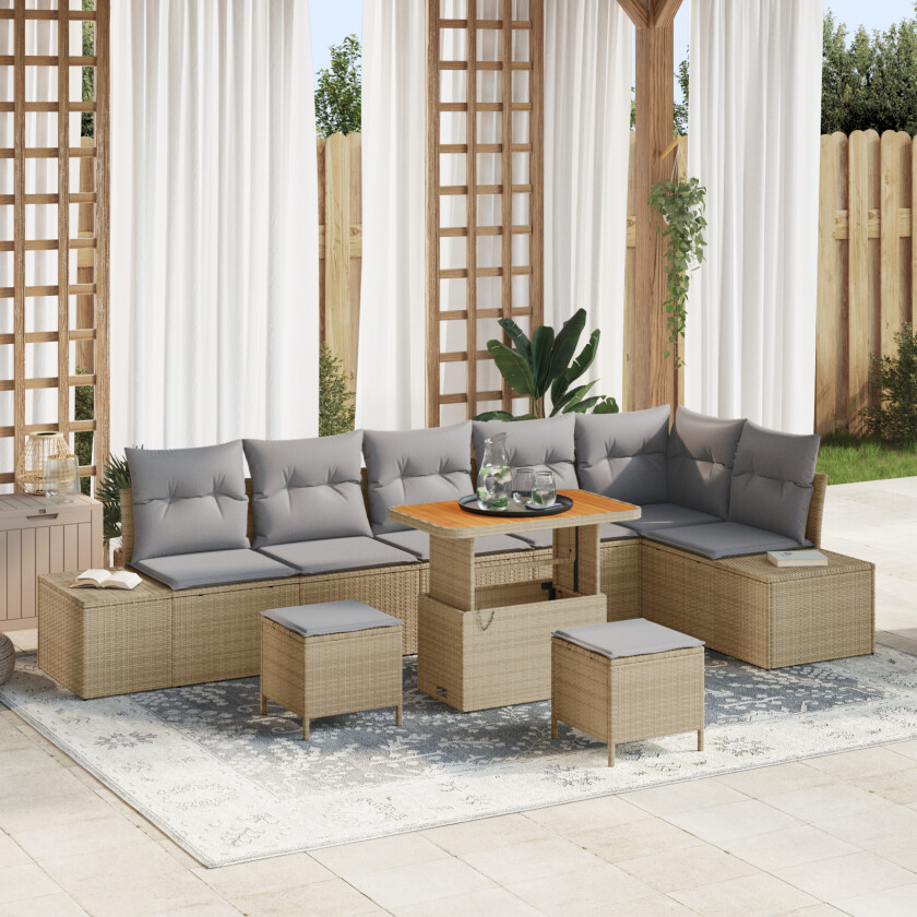 9 Delt Hage Sofa Sett med Puter Beige Poly Rattan Akasie, 2-seters Hage Sofa med Oppbevaring & Puter Beige Poly Rattan, 3 Delt Hage Spisesett med Puter Beige Poly Rattan Akasie