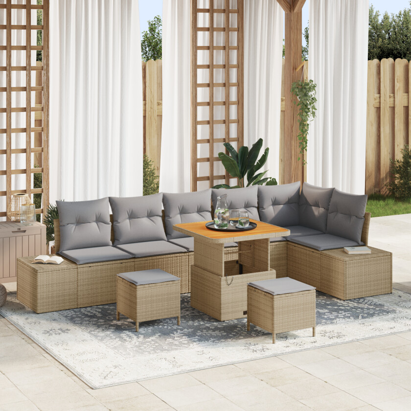 9 Dels Hage Sofa Set med Puter Beige Poly Rattan Akacia, 2-seters Hage Sofa med Oppbevaring & Puter Beige Poly Rattan, 3 Dels Hage Spisesett med Puter Beige Poly Rattan Akacia
