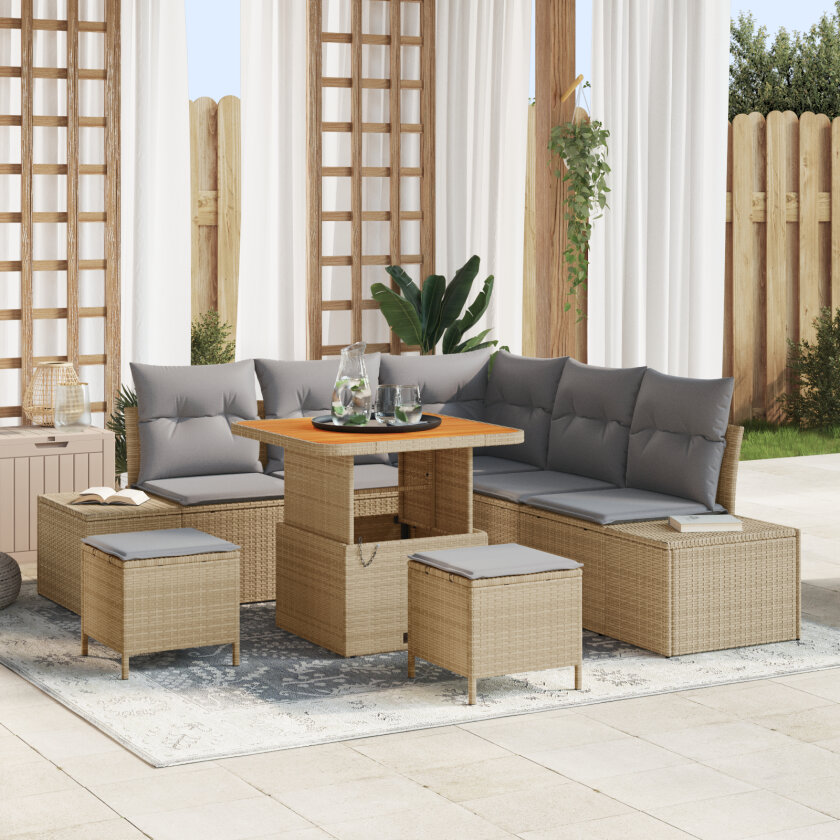 8-delt hage sofa sett med puter beige poly rotting akacia, 2-seters hage sofa med lagring og puter beige poly rotting, 3-delt hage spisebord med puter beige poly rotting akacia