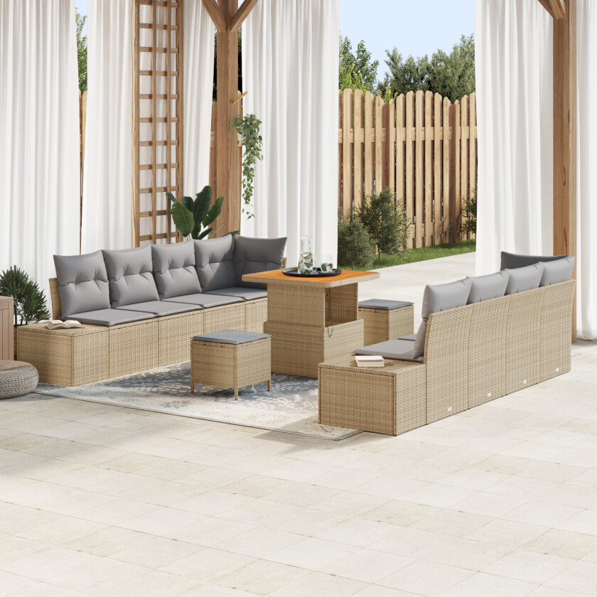 11 Delt Hagesofa Sett med Puter Beige Poly Rattan Akacia, 2-seters Hagesofa med Oppbevaring & Puter Beige Poly Rattan, 3 Delt Hage Spisegruppe med Puter Beige Poly Rattan Akacia