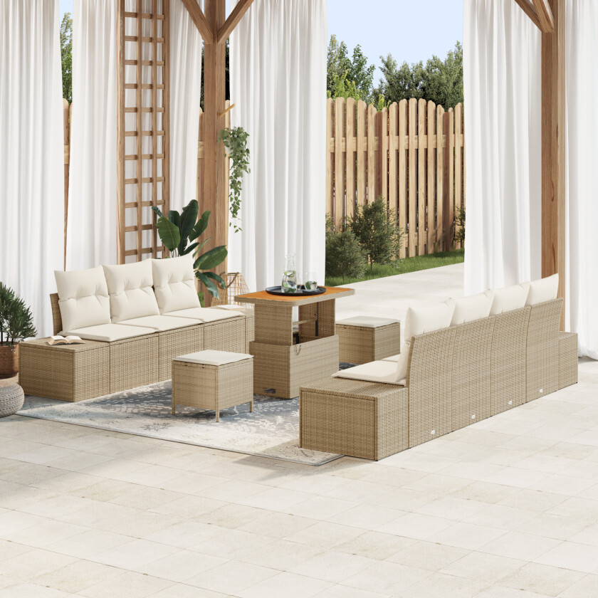 10 Delers Hage Sofa Set med Puter Beig Poly Rattan Akasie, 2-seter hage sofa med oppbevaring og puter Beige Poly Rattan, 3 Delers Hage Spisesett med Puter Beige Poly Rattan Akasie