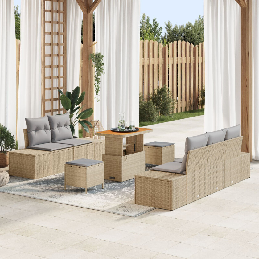 8 Dels Hage Sofa Set med Puter Beige Poly Rattan Akacia, 2-seter Hage Sofa med Oppbevaring & Puter Beige Poly Rattan, 3 Dels Hage Spisebord Set med Puter Beige Poly Rattan Akacia