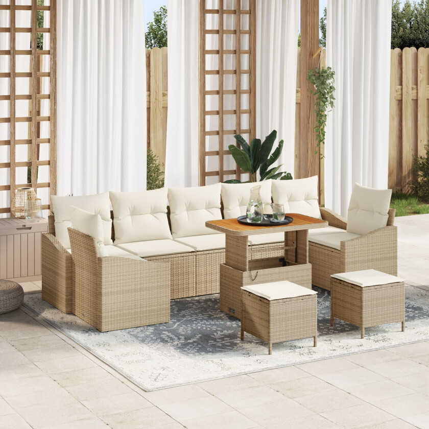 10 Dels Hage Sofa Sett med Puter Beige Poly Rattan Akacie, 2-seters Hage Sofa med Lagring & Puter Beige Poly Rattan, 3 Dels Hage Spisesett med Puter Beige Poly Rattan Akacie