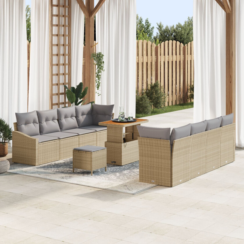 11 deler hagemøbelsett med puter beige poly rattan akacia, 2-seters hage sofa med lagring & puter beige poly rattan, 3 deler hage spisebordsett med puter beige poly rattan akacia