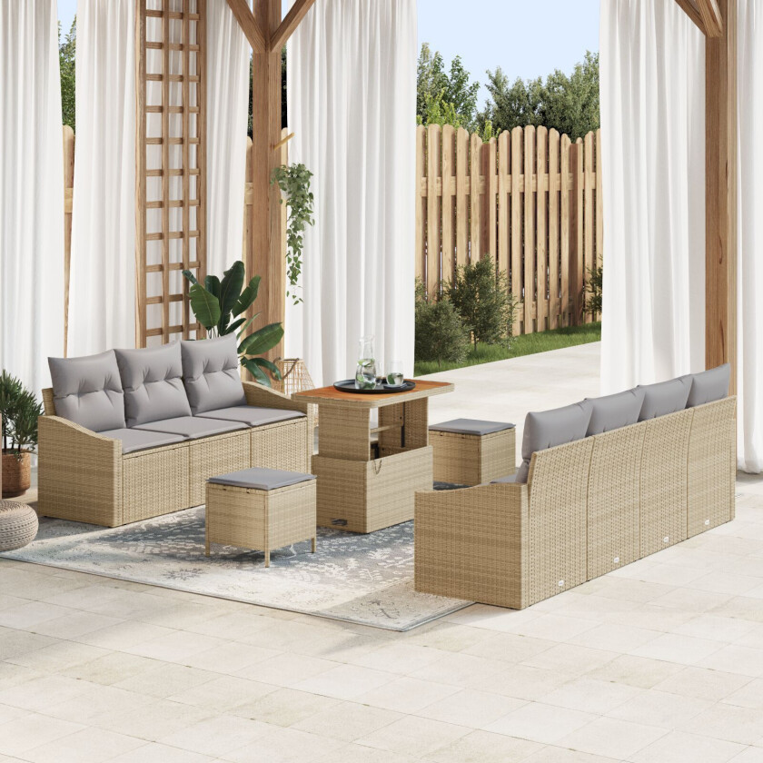10 Deler Hage Sofa Sett med Puter Beige Poly Rattan Akacia, 2-seters Hage Sofa med Oppbevaring&Putr Beige Poly Rattan, 3 Delt Hage Spisesett med Puter Beige Poly Rattan Akacia