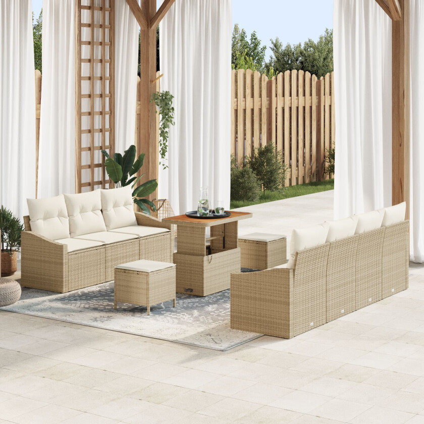 10-delers hagesofa-sett med puter beige poly rattan akasie, 2-seters hagesofa med lagring & puter beige poly rattan, 3-delers hage spisesett med puter beige poly rattan akasie