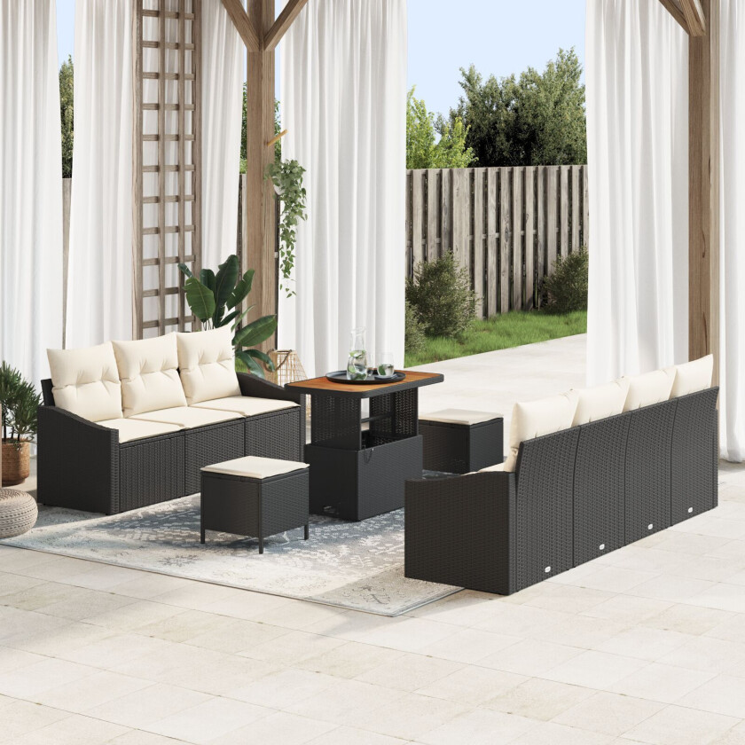10-delt Hage Sofa Set med Puter Svart Poly Rattan Akasie, 2-seters Hage Sofa med Oppbevaring & Puter Svart Poly Rattan, 3-delt Hage Spisesett med Puter Svart Poly Rattan Akasie
