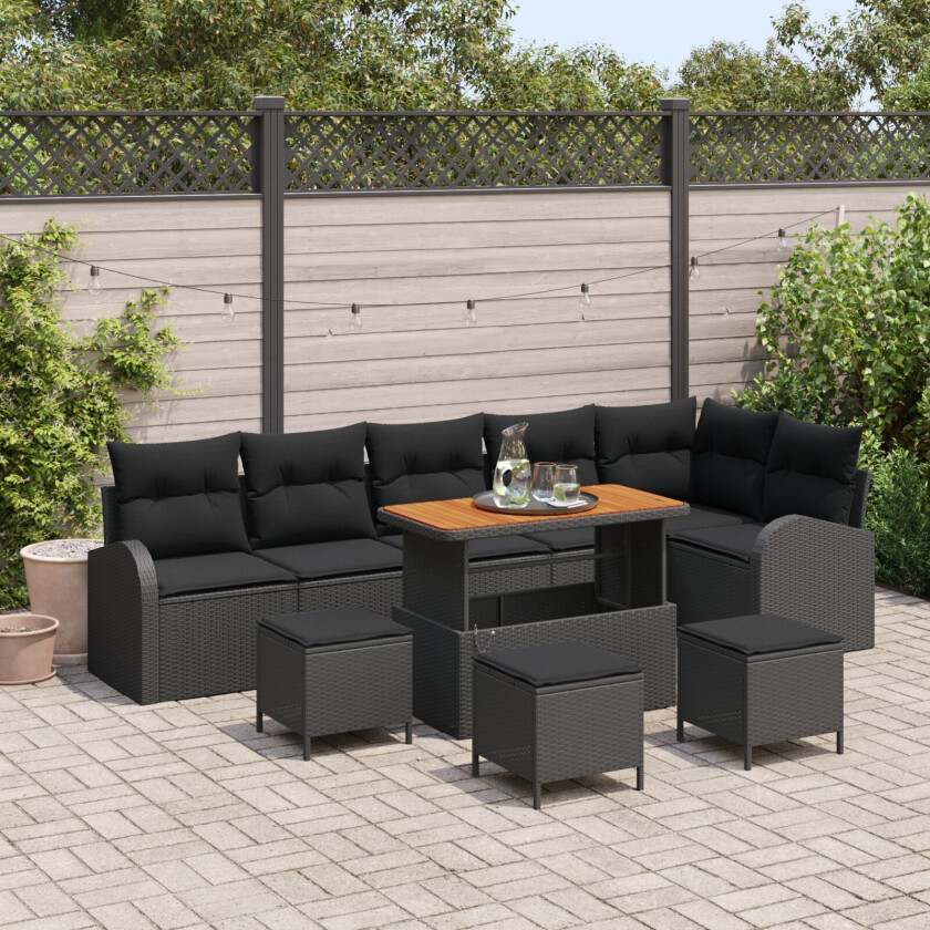 9 Delers Hagesofa Sett med Puter Svart Poly Rattan Akasie, 2-seters Hagesofa med Oppbevaring & Puter Svart Poly Rattan, 3 Delers Hage Spise Set med Puter Svart Poly Rattan Akasie
