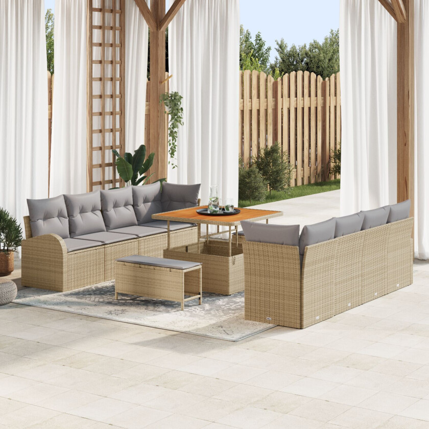 11-delt Hage Sofa Set med Puter Beige Poly Rottning Akasie, 2-seters Hage Sofa med Oppbevaring & Puter Beige Poly Rottning, 3-delt Hage Spise Set med Puter Beige Poly Rottning Akasie