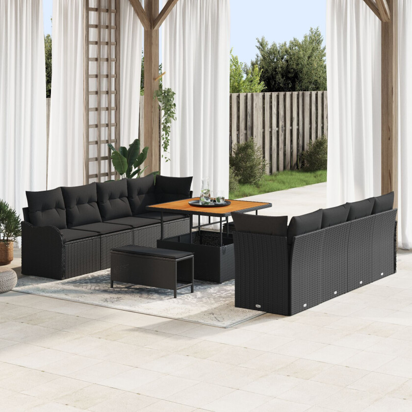 11 Delers Hage Sofa Set Med Puter Svart Poly Rattan Akasie, 2-seters Hage Sofa Med Oppbevaring & Puter Svart Poly Rattan, 3 Delers Hage Spise Sett Med Puter Svart Poly Rattan Akasie