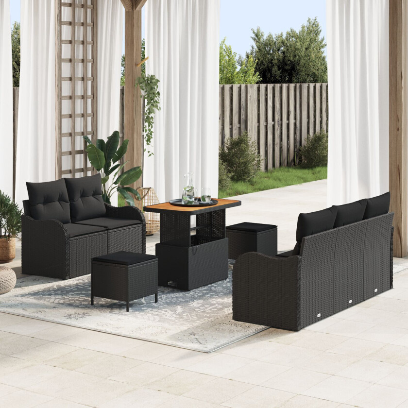 8-delt Hage Sofa Sett med Puter Svart Poly Rattan Akasie, 2-seters Hage Sofa med Oppbevaring & Puter Svart Poly Rattan, 3-delt Hage Spise Sett med Puter Svart Poly Rattan Akasie