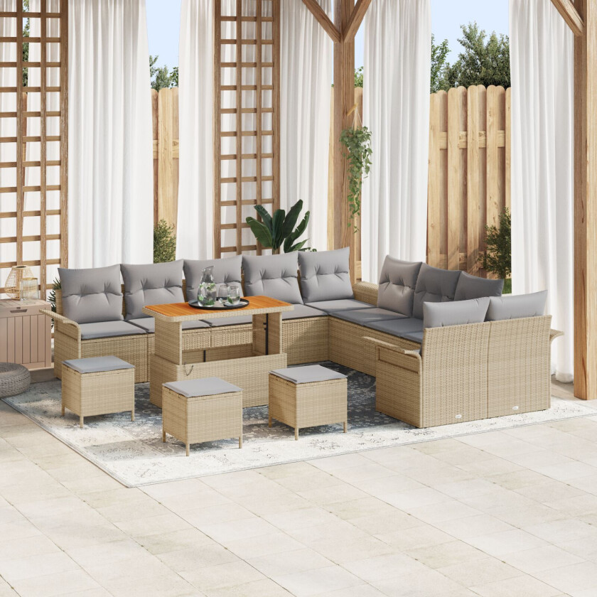 14-delt hage sofa sett med puter Beige Poly Rattan Akasie, 2-seters hage sofa med lagring & puter Beige Poly Rattan, 4-delers hage spisebord sett med puter Beige Poly Rattan Akasie
