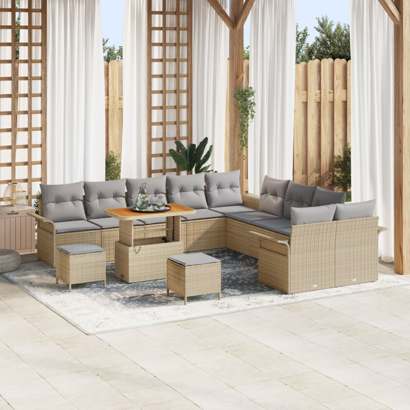 13 Delt Hage Sofa Set med Puter Beige Poly Rattan Akasie, 2-seters Hage Sofa med Oppbevaring & Puter Beige Poly Rattan, 3-Delt Hage Spisesett med Puter Beige Poly Rattan Akasie