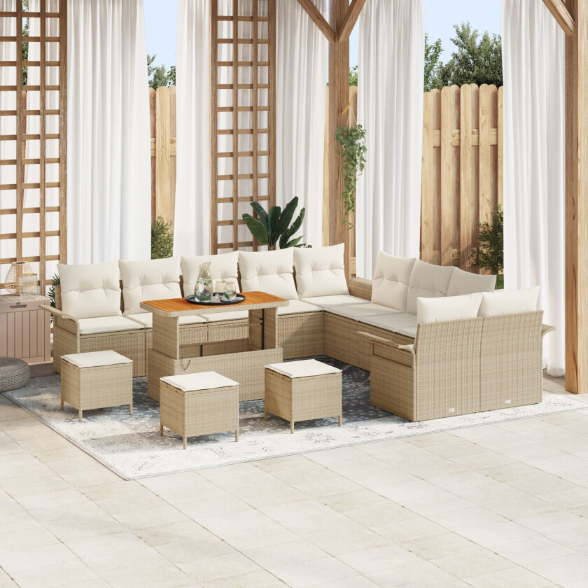 13-delt Hage Sofa Set med Puter Beige Poly Rattan Akasie, 2-seters Hage Sofa med Oppbevaring & Puter Beige Poly Rattan, 3-delt Hage Spisesett med Puter Beige Poly Rattan Akasie