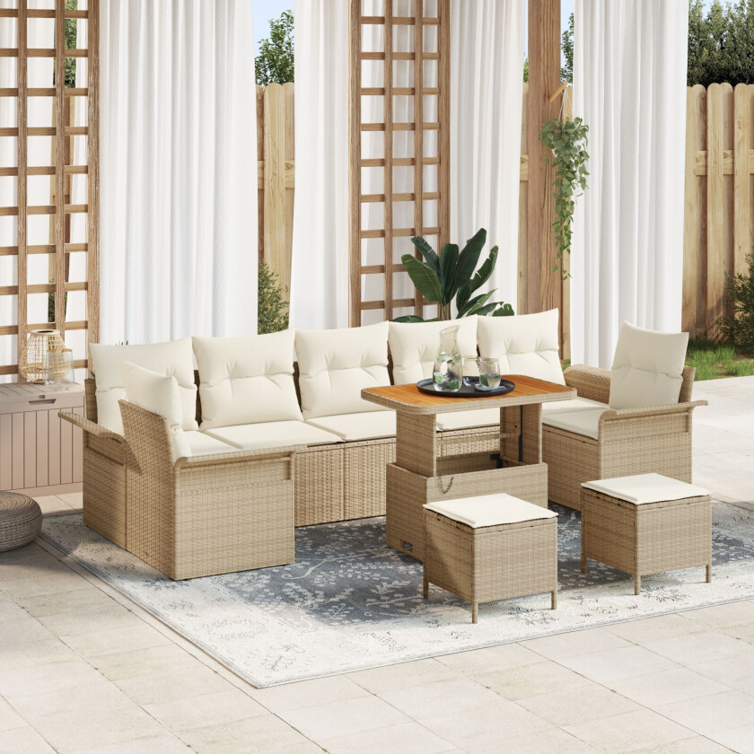 10-dels Hagesofa Set med puter Beige Poly Rattan Akasie, 2-seters Hagesofa med Oppbevaring & Puter Beige Poly Rattan, 3-delt Hage Spisesett med Puter Beige Poly Rattan Akasie