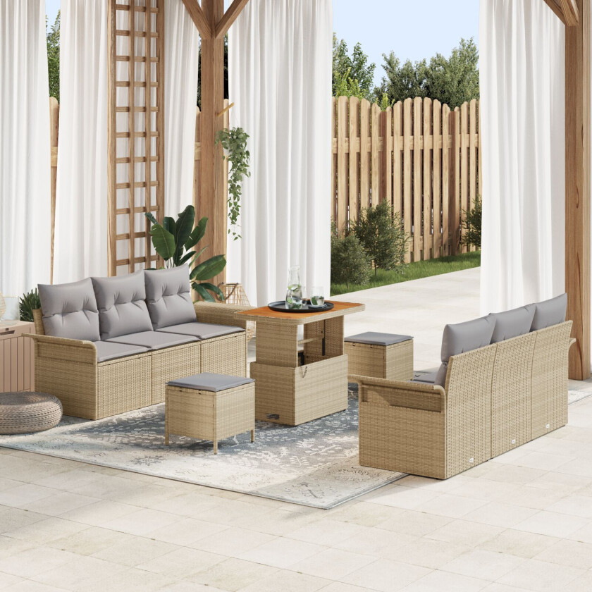 9-delt Hagesofa Sett med Puter Beige Poly Rattan Akacia, 2-seter Hagesofa med Oppbevaring & Puter Beige Poly Rattan, 3-delt Hage Middags Sett med Puter Beige Poly Rattan Akacia