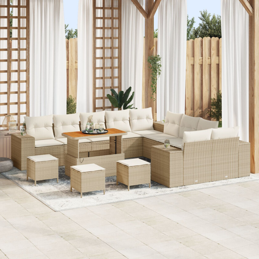 13 Delt Hagesofa-sett med Puter Beige Poly Rattan Akacia, 3 Delt Hagedining-sett med Puter Beige Poly Rattan Akacia