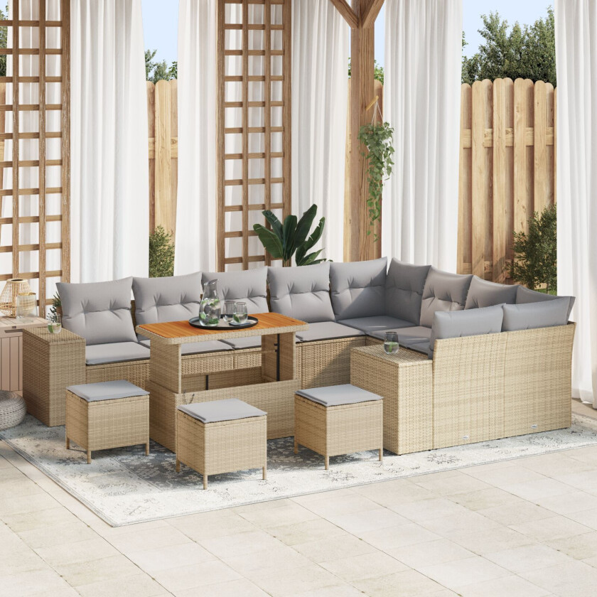 13 Dels Hage Sofa Set Med Puter Beige Poly Rattan Akasie, 4 Dels Hage Spise Set Med Puter Beige Poly Rattan Akasie