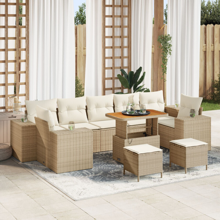 10-delt Hagemøbelsett med Puter Beige Poly Rattan Acacia, 3-delt Hage Spisestuesett med Puter Beige Poly Rattan Acacia