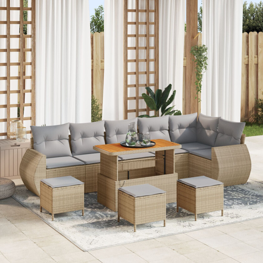 10-delt hagesofa set med puter beige poly rattan akasie, 4-delt hage spise set med puter beige poly rattan akasie