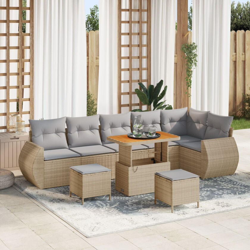 9 Delt Hage Sofa Sett med Puter Beige Poly Rattan Akasie, 3 Delt Hage Spisesett med Puter Beige Poly Rattan Akasie