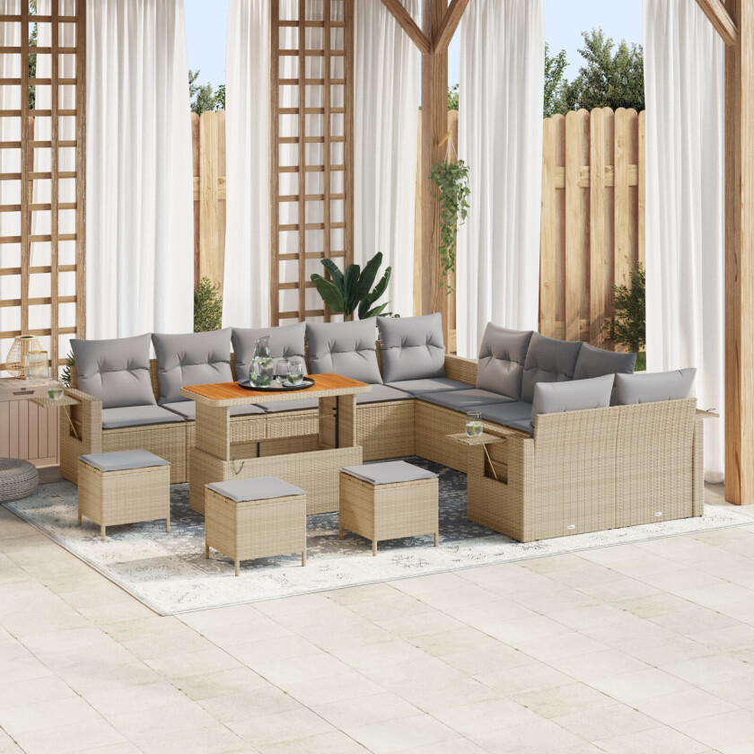 13 Delers Hagesofa-sett med Puter Beige Poly Rattan Akacia, 3 Delers Hage Spisesett med Puter Beige Poly Rattan Akacia