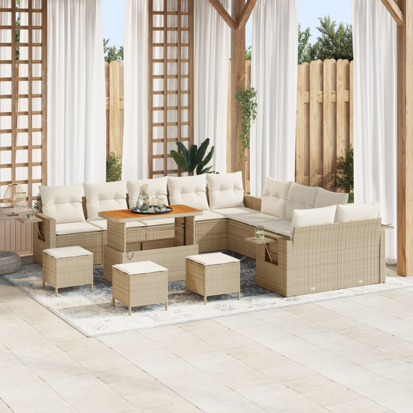 13 Delt Hagesofa Set med Puter Beige Poly Rattan Akacia, 3 Delt Hage Spisebordsett med Puter Beige Poly Rattan Akacia
