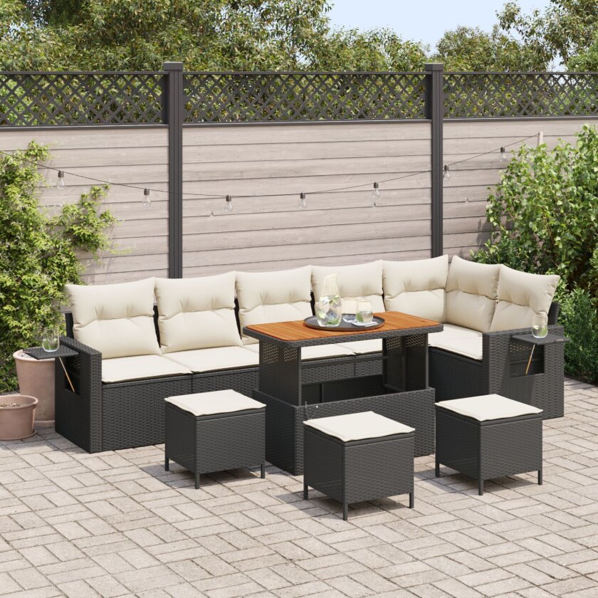 9 Delt Hage Sofa Set med Puter Svart Poly Rattan Akacia, 3 Delt Hage Spise Set med Puter Svart Poly Rattan Akacia