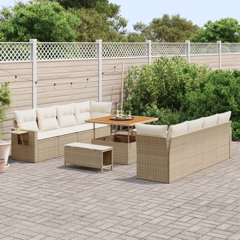 11-delt hagesofa sett med puter beige poly rattan akacia, 3-delt hagedining sett med puter beige poly rattan akacia
