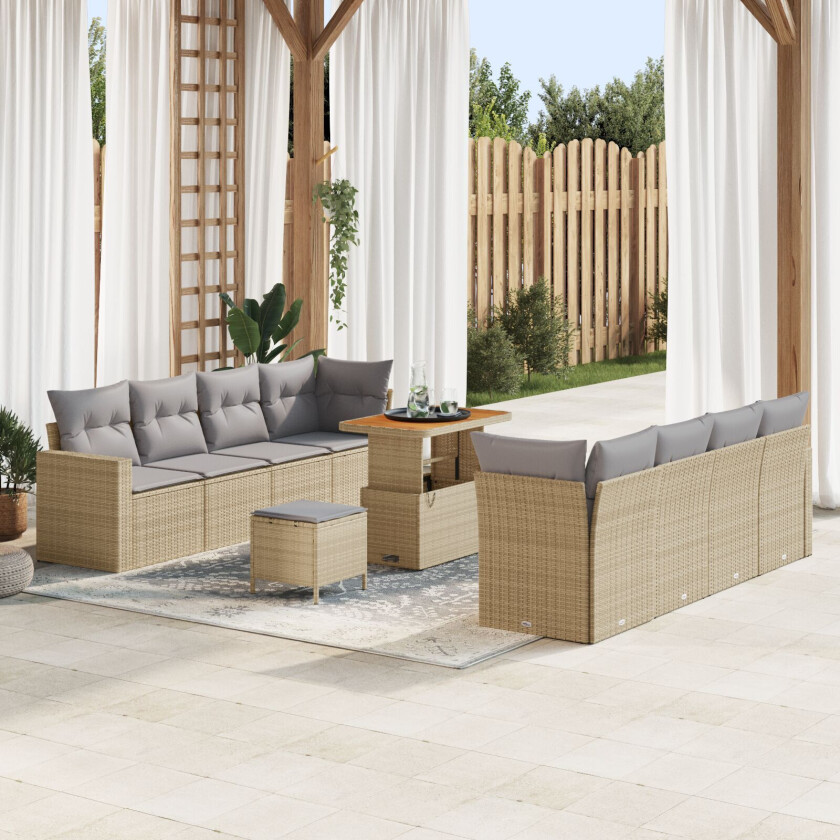 11 Delers Hagesofasett med Puter Beige Poly Rattan Akacia, 3 Delers Hagespisesett med Puter Beige Poly Rattan Akacia